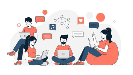 Diverse group of people collaborating online using laptops and devices