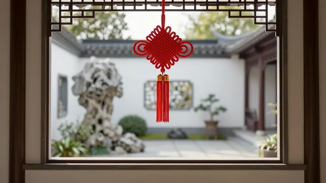 Red Chinese knot hanging in traditional courtyard window frame