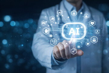 AI generated intelligent digital platform with professional interacting via touch interface showing connected systems data automation security and smart decision support technology