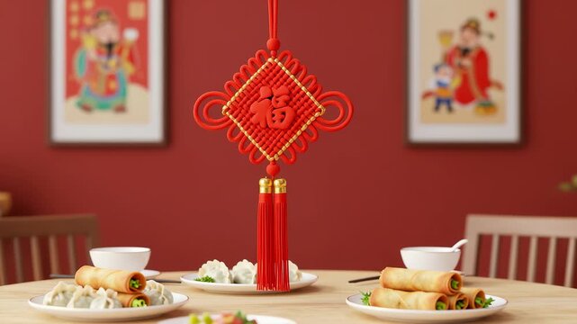 Traditional Chinese New Year reunion dinner table with Fu character knot