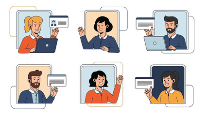 Diverse people in video call windows, online meeting, remote work concept