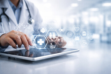 AI generated doctor using tablet with digital health interface showing patient records global health data healthcare IT and smart hospital information management