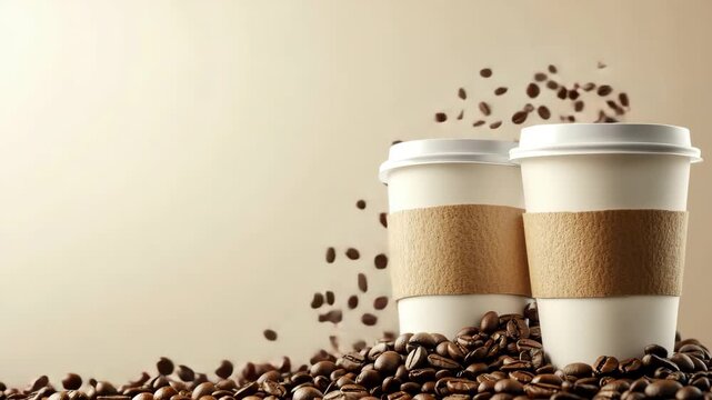 Two takeaway cups of coffee, surrounded by coffee beans, inviting one for a soothing break