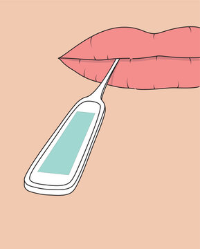 Vector illustration of a lips and a digital temperature thermometer on a lips with a blank display.