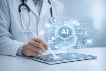 AI generated healthcare professional using tablet with AI interface displaying connected medical data patient records and intelligent digital healthcare systems for clinical decision support