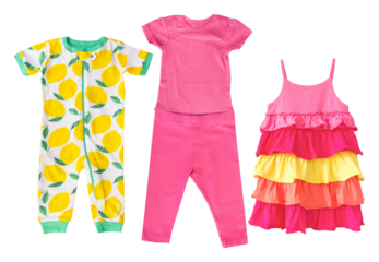 a collection of colorful baby clothing and accessories including a lemon print romper, pink outfit, and tiered ruffle dress, all on a white background.