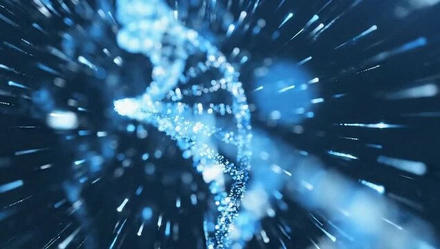 DNA helix structure with blue particles.