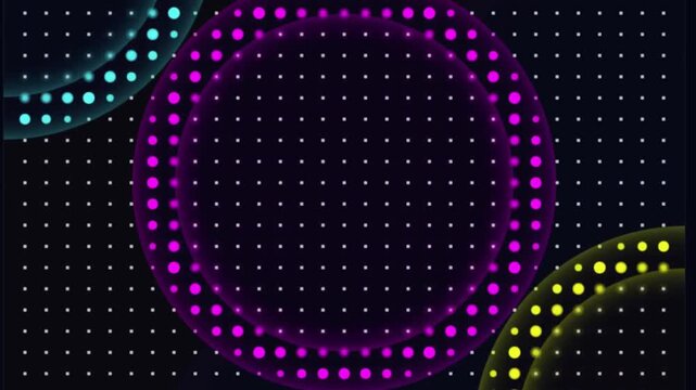 Vibrant Abstract Halftone Animation of Flowing CMYK Dotted Lines and Circles on Grid. Dynamic, Looping Motion Graphic Background for Retro Tech, Presentations, or Creative Visuals