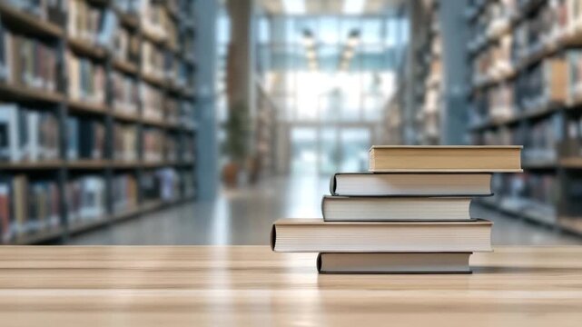 A stack of books on a wooden table in front of a blurred library setting. This image evokes feelings of knowledge, learning, and the pursuit of information