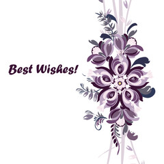 Greeting card - With best wishes. Beautiful stylized floral ornament. Floral rhythmic pattern. Vintage botanical composition of fantastic plant elements.