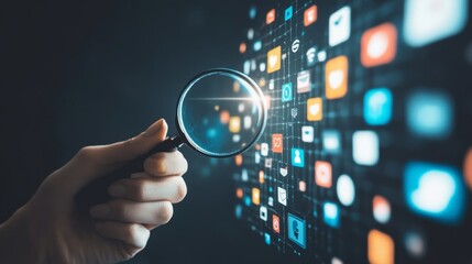 Exploring digital insights a hand with a magnifying glass over social media icons virtual environment close-up view technology concept