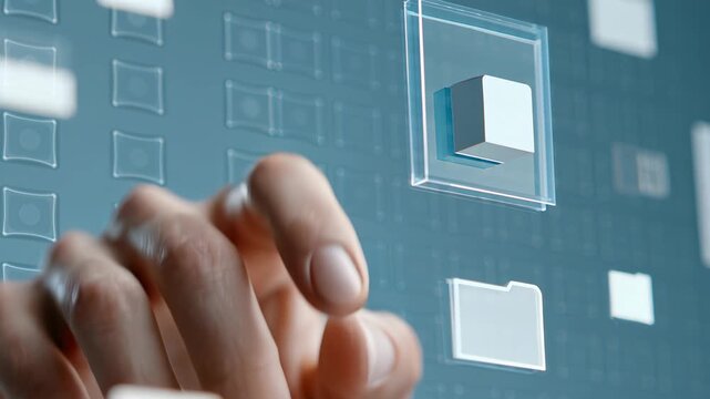 Digital interface featuring 3D cube and folder icons with glowing technology elements for virtual data interaction and control