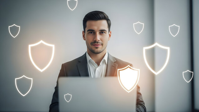 Modern cybersecurity defense featuring professional man and digital shield