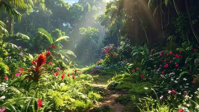 Lush tropical jungle path with vibrant flowers and dense green foliage, bathed in sunlight.