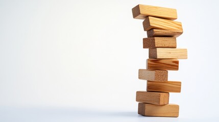 Dramatically leaning jenga tower indoor game setting wooden blocks minimalist background close-up view playful challenge