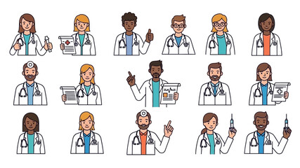 A collection of diverse cartoon doctor avatars, male and female, holding medical supplies and showing various gestures.