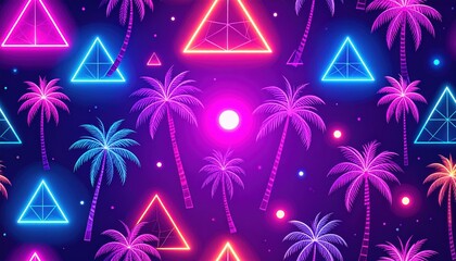 Vaporwave Neon Palm Trees and Triangles Pattern Background.