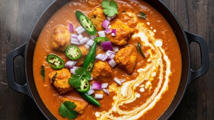 Delicious Chicken Tikka Masala in a cast iron pan with fresh herbs and spices