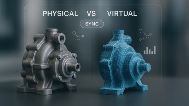 Next gen engineering solution simulation digital twin concept merging physical pump and virtual model real time syncing performance and analytics
