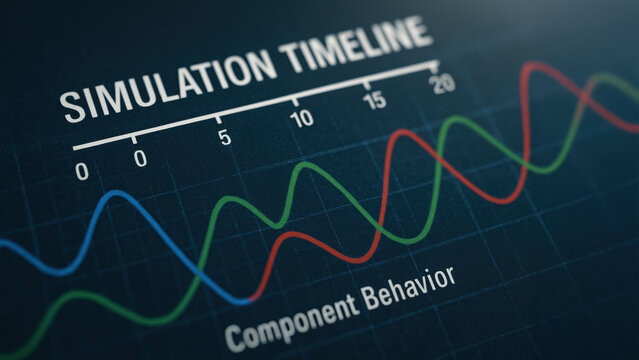 Next gen engineering solution simulation digital twin predictive performance chart plotting component behavior over timeline with layered waveform - Powered by Adobe