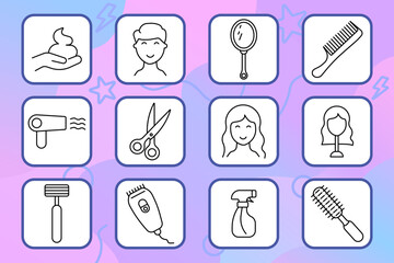Haircare set icon. Mirror, dryer, comb, scissors, brush, spray, clipper, cream, razor, hairstyle, barbershop, beauty, grooming, stylist.