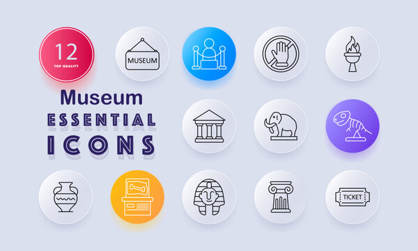Museum set icon. Building, rope barrier, no touch hand, torch, elephant, dinosaur skeleton, vase, exhibit, sarcophagus, pillar, ticket drawn in outlined exhibition style.