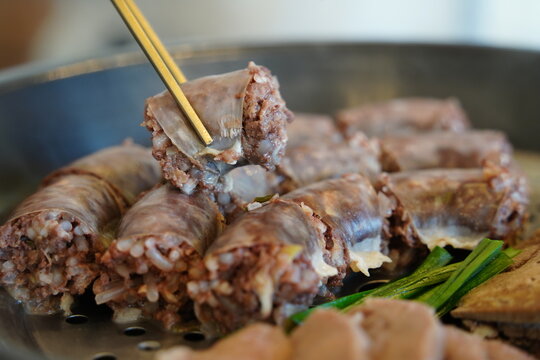 Assorted Korean traditional Sundae (blood sausage), a popular authentic street food platter