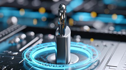 Metallic padlock digital circuit board with glowing blue security interface symbolizing cybersecurity data protection and digital - Powered by Adobe