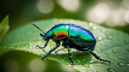 Fototapeta premium Macro Photography of a Vibrant Iridescent Jewel Beetle with Water Drops on a Green Leaf