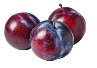 Obraz premium Three plums, deep purple, with stems, against black