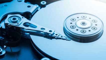 Close up of a hard disk drive's internal components with a metallic arm and platter