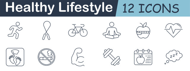 Healthy lifestyle set icon. Runner, rope, bicycle, yoga, apple, heartbeat, weight scale, ban sign, muscle, dumbbell, planner, sleep.