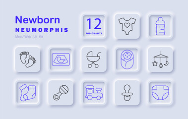 Newborn set icon. Onesie, milk bottle, socks, diaper, pacifier, feet, ultrasound, stroller, baby, mobile, toy, rattle infant care set with essentials for health, comfort, growth, sleep.