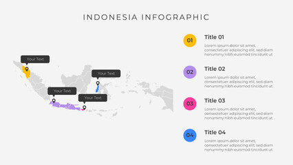 Indonesia map infographic template with 4 options. Indonesia administrative map infographic for presentation.