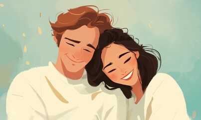 Obraz premium Romantic couple cuddle in love illustration