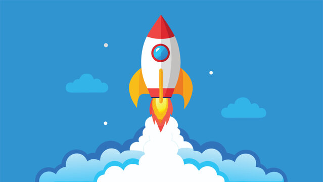 A rocket soars through a blue sky, surrounded by fluffy white clouds..eps