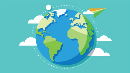 Fototapeta premium A vector image of an Earth globe with a paper airplane flying around it, symbolizing global travel and exploration..eps