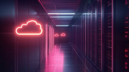 Digital cloud network infrastructure modern data center futuristic environment neon lighting technology concept