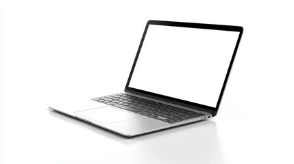Modern laptop with blank white screen in minimalist workspace technology showcase indoor environment focused perspective