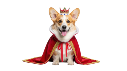 Happy corgi dog wearing a king's crown and red royal cape, cut out, stock png, isolated on transparent background
