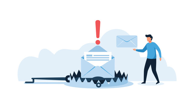 Businessman tempted by an email message placed inside a dangerous bear trap to illustrate the serious risks of online phishing and cybercrime.
