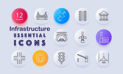 Infrastructure set icon. Bridge, antenna, railway, courthouse, tunnel, turbine, airport, road intersection, train, traffic light, barrier, airplane landing shown in outlined style.