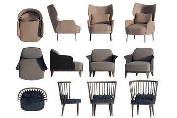 3D render of armchairs in various styles on a transparent background
