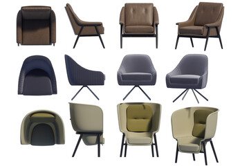 3D render of armchairs in various styles on a transparent background