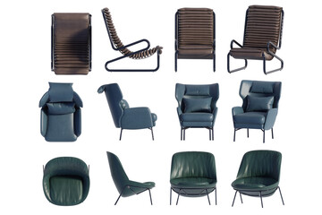 3D render of armchairs in various styles on a transparent background