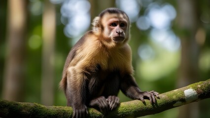 Naklejka premium A young monkey rests quietly on a moss-covered branch, framed by soft forest light and natural greenery.