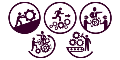 Teamwork and collaboration illustrated through circular icons, showcasing people working together to achieve a common goal