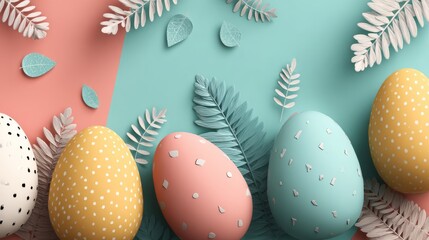 Colorful easter background with decorated eggs, spring flowers, and festive seasonal decorations on a vibrant seamless backdrop for holiday and spring celebration designs