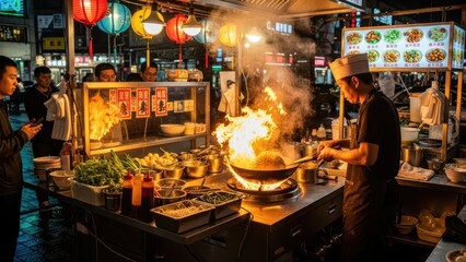 Asian street food vendor cooking with flames in a wok at night