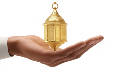 Hand holding a golden lantern symbolizes Ramadan, created AI, PNG